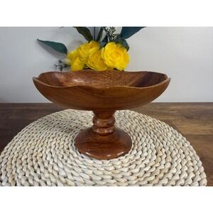 Vintage Monkey Pod Wood Pedestal Bowl Hand Carved Wooden Fruit Bowl MCM Decor